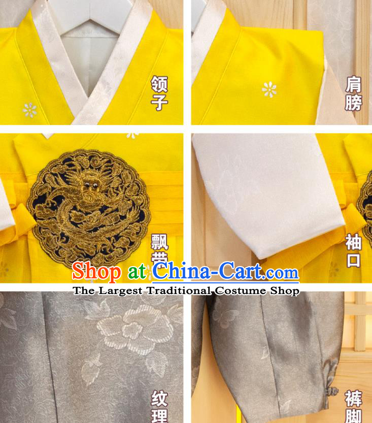 Korean Hanbok Clothing Korea Boys Prince Birthday Fashion Children Yellow Vest White Shirt and Grey Pants Traditional Garment Costumes