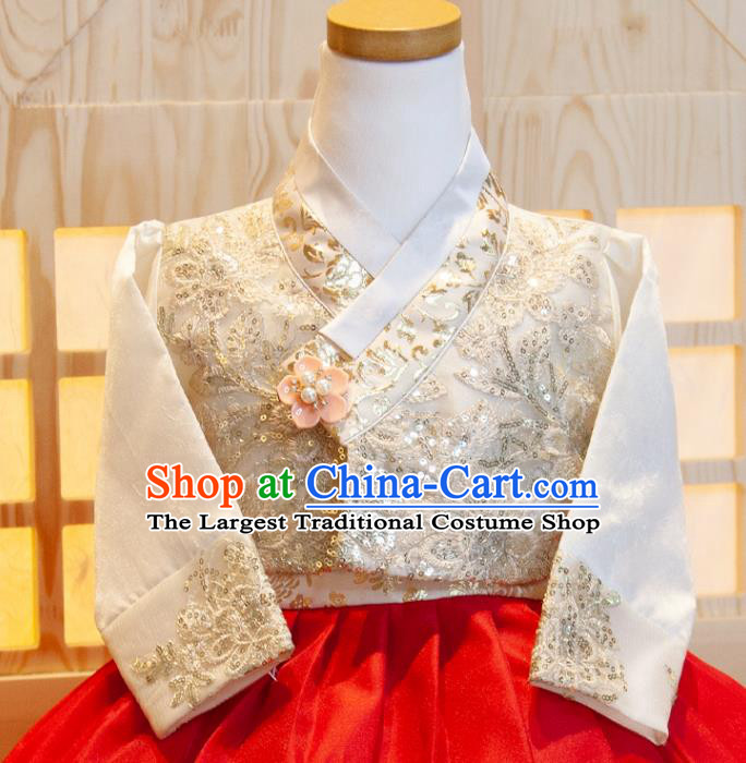 Korean Children Hanbok Clothing Princess Fashion Korea Girl Festival White Shirt and Red Dress Traditional Garment Costumes