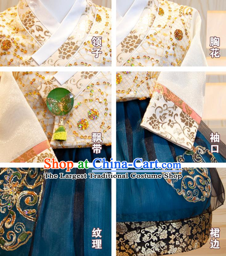 Korea Girl Festival Fashion White Shirt and Blue Dress Korean Traditional Garment Costumes Children Princess Hanbok Clothing