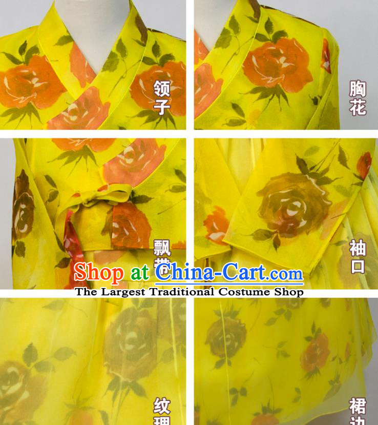 Korean Woman Fashion Printing Yellow Blouse and Dress Traditional Wedding Costumes Court Bride Hanbok Festival Ceremony Clothing