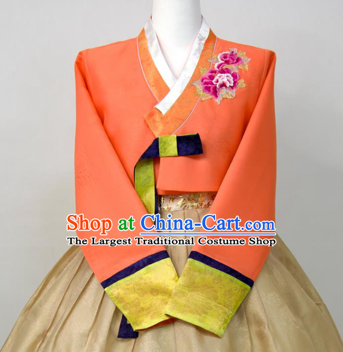 Korean Woman Fashion Embroidered Orange Blouse and Ginger Dress Traditional Wedding Costumes Court Bride Hanbok Festival Ceremony Clothing