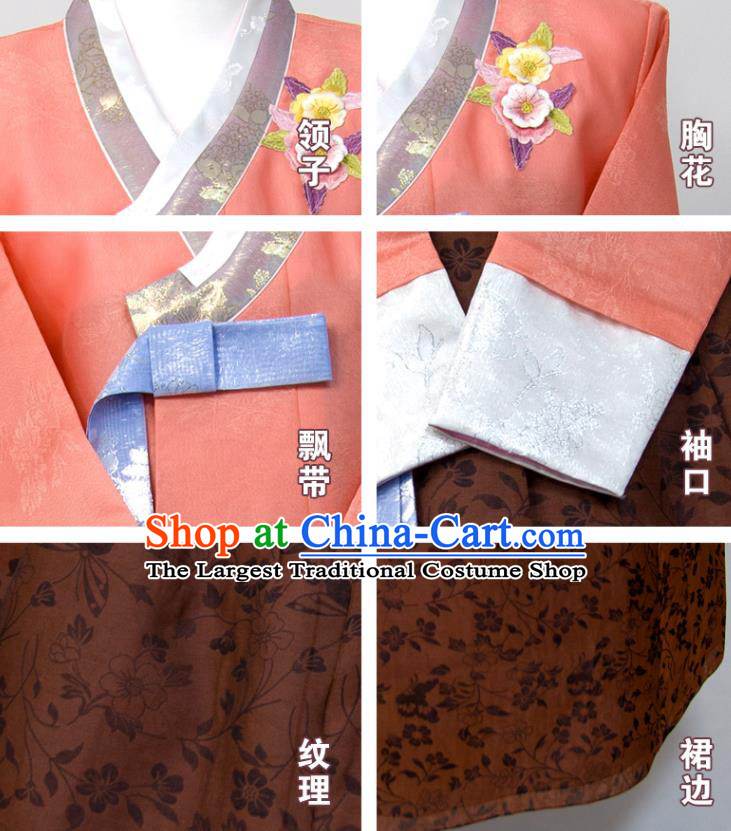 Korean Wedding Bride Costumes Court Ceremony Hanbok Festival Clothing Woman Traditional Fashion Orange Blouse and Brown Dress