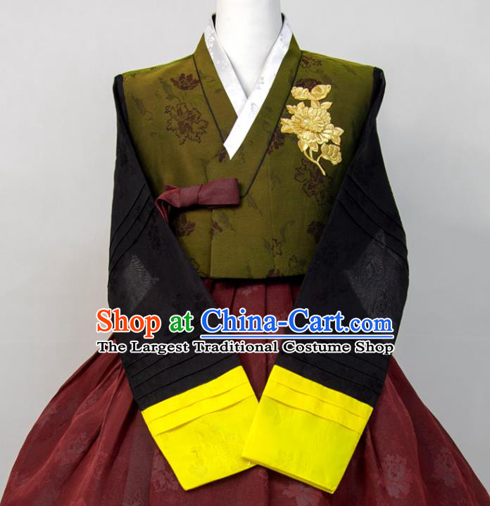 Korean Woman Fashion Green Blouse and Wine Red Dress Wedding Bride Costumes Traditional Festival Clothing Court Ceremony Hanbok