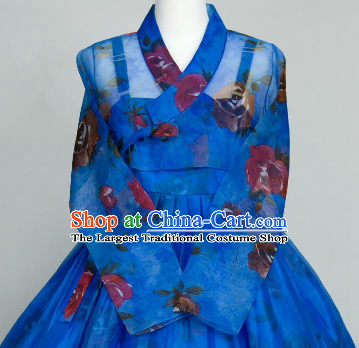 Korean Court Woman Fashion Hanbok Printing Blouse and Blue Dress Wedding Bride Costumes Traditional Festival Clothing