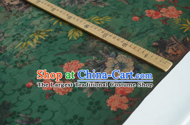 Chinese Classical Peony Bamboo Pattern DIY Fabric Silk Fabric Green Gambiered Guangdong Gauze High Quality Cheongsam Cloth