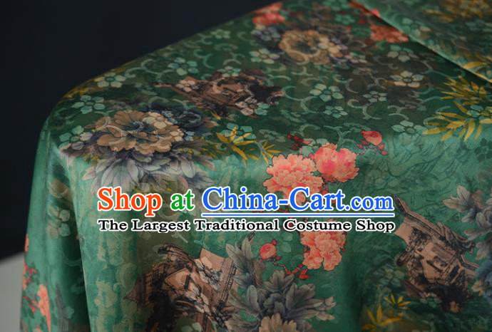 Chinese Classical Peony Bamboo Pattern DIY Fabric Silk Fabric Green Gambiered Guangdong Gauze High Quality Cheongsam Cloth