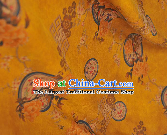 Chinese Cheongsam Cloth Classical Peony Pattern DIY Satin Fabric Silk Fabric Yellow Gambiered Guangdong Gauze