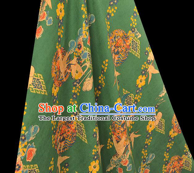 Chinese Cheongsam Silk Cloth Green Gambiered Guangdong Gauze Traditional Cranes Pattern DIY Dress Fabric