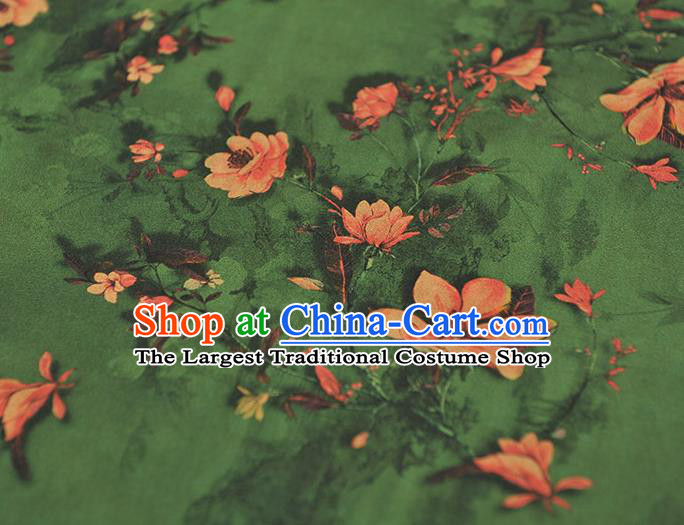 Chinese Deep Green Gambiered Guangdong Gauze Cheongsam Silk Cloth Traditional Mangnolia Pattern DIY Fabric