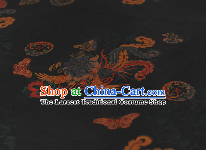 Chinese Cheongsam Silk Cloth Black Gambiered Guangdong Gauze Traditional Phoenix Butterfly Pattern DIY Dress Fabric
