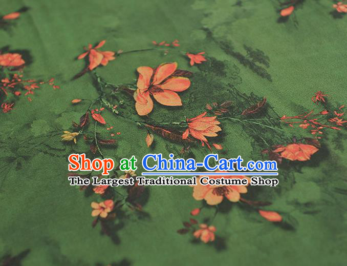 Chinese Deep Green Gambiered Guangdong Gauze Cheongsam Silk Cloth Traditional Mangnolia Pattern DIY Fabric