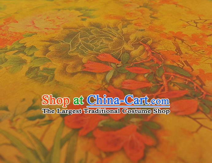 Chinese Traditional Rich Peony Pattern DIY Dress Fabric Yellow Gambiered Guangdong Gauze Cheongsam Silk Cloth