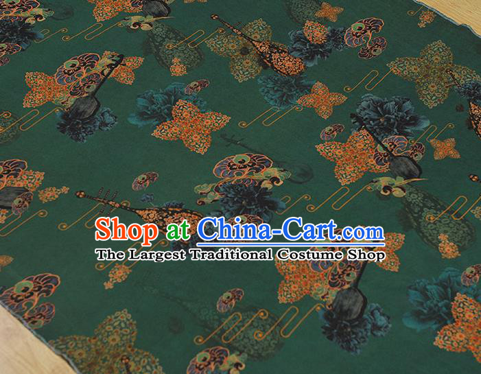 Chinese Green Gambiered Guangdong Gauze Traditional Pipa Lute Pattern Dress Fabric Cheongsam Silk Cloth