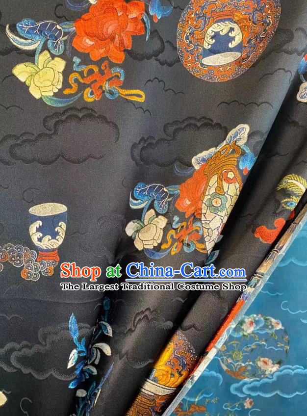 Chinese Traditional Qipao Dress Drapery Black Silk Fabric Classical Clouds Pattern Brocade Qing Dynasty Tapestry Cloth