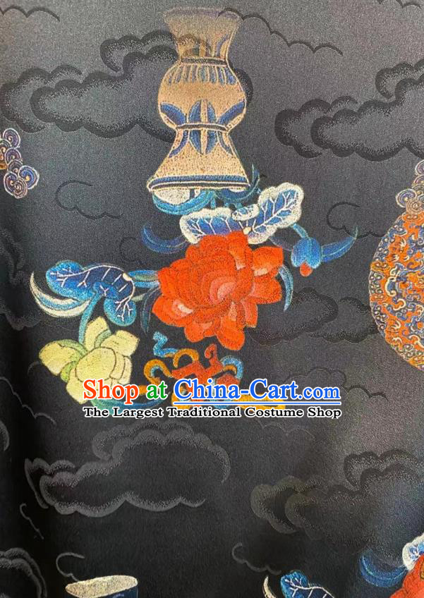 Chinese Traditional Qipao Dress Drapery Black Silk Fabric Classical Clouds Pattern Brocade Qing Dynasty Tapestry Cloth