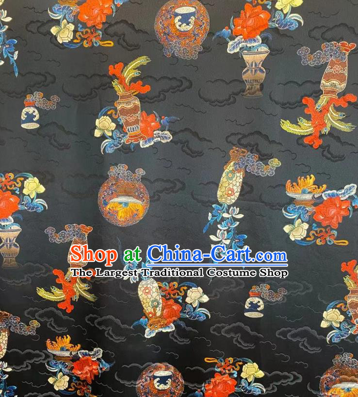 Chinese Traditional Qipao Dress Drapery Black Silk Fabric Classical Clouds Pattern Brocade Qing Dynasty Tapestry Cloth