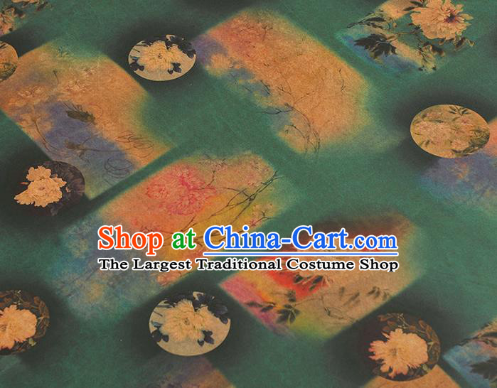 Chinese Cheongsam Green Silk Cloth Gambiered Guangdong Gauze Traditional Peony Pattern Dress Fabric
