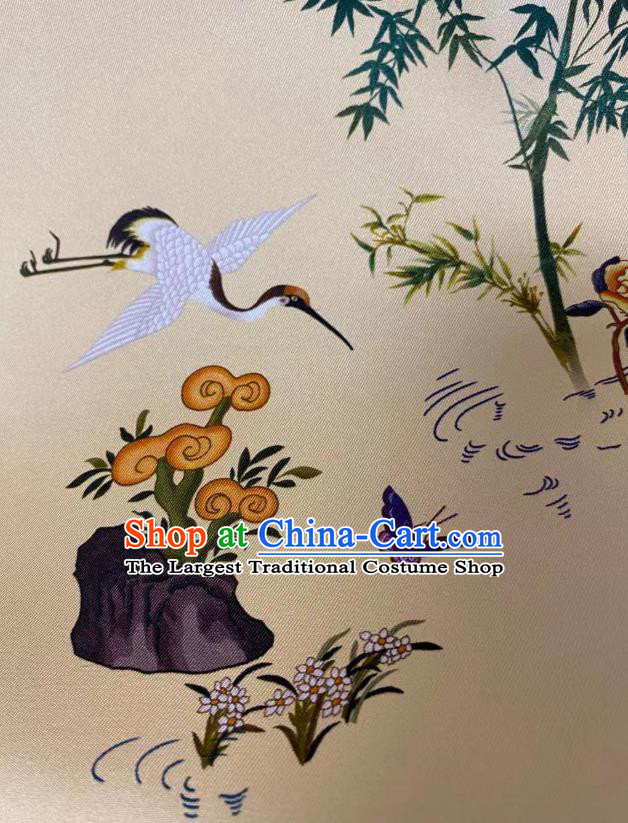 Chinese Traditional Tang Suit Drapery Beige Silk Fabric Classical Cranes Pattern Brocade Cloth Tapestry Material