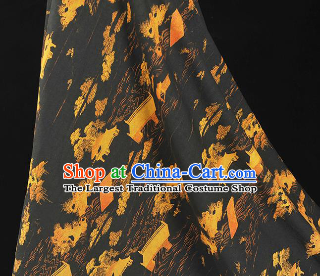 Chinese Cheongsam Silk Cloth Black Gambiered Guangdong Gauze Traditional Landscape Pattern Dress Fabric