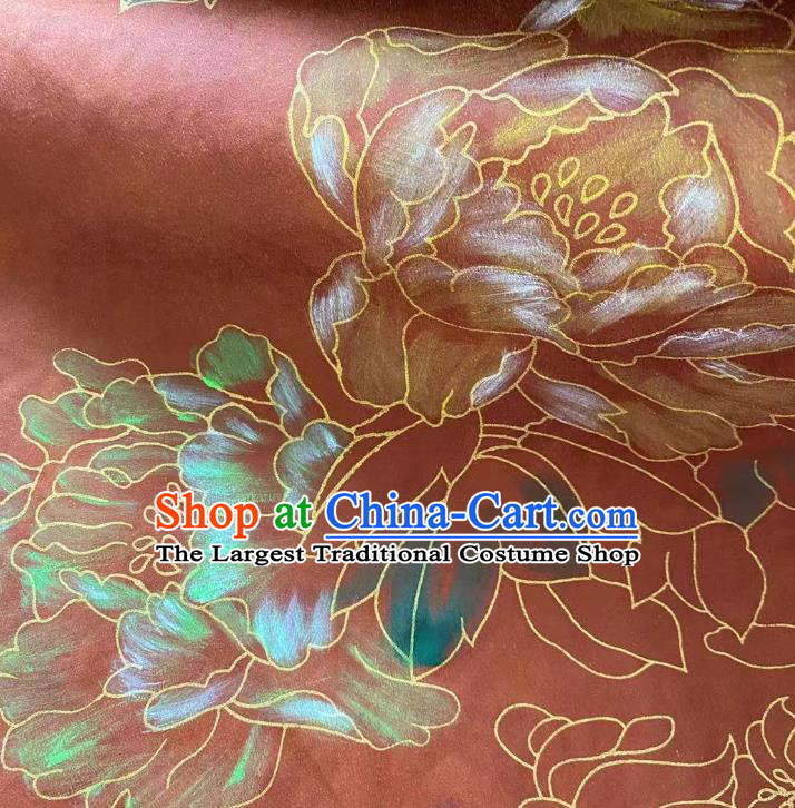 Chinese Hand Painting Gambiered Guangdong Gauze Traditional Cheongsam Drapery Red Silk Fabric Classical Peony Pattern Brocade Cloth
