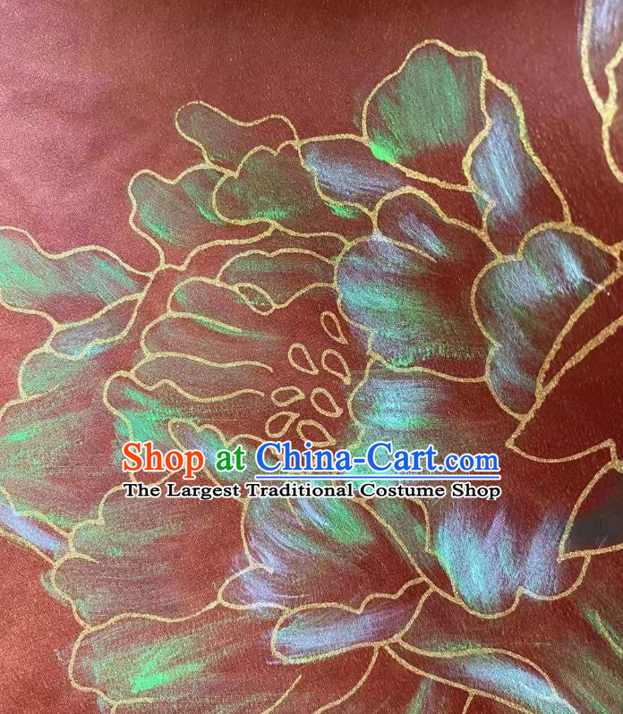 Chinese Hand Painting Gambiered Guangdong Gauze Traditional Cheongsam Drapery Red Silk Fabric Classical Peony Pattern Brocade Cloth
