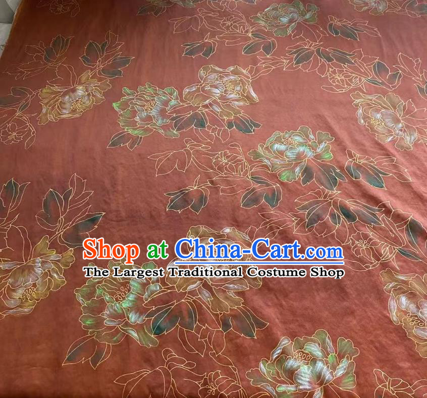 Chinese Hand Painting Gambiered Guangdong Gauze Traditional Cheongsam Drapery Red Silk Fabric Classical Peony Pattern Brocade Cloth
