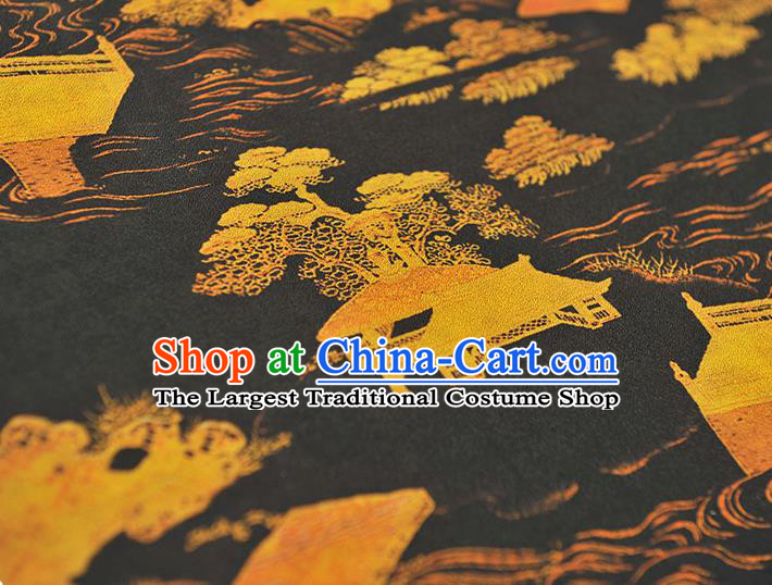 Chinese Cheongsam Silk Cloth Black Gambiered Guangdong Gauze Traditional Landscape Pattern Dress Fabric