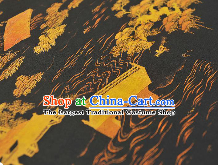 Chinese Cheongsam Silk Cloth Black Gambiered Guangdong Gauze Traditional Landscape Pattern Dress Fabric