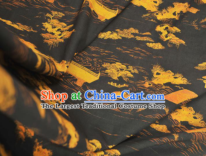 Chinese Cheongsam Silk Cloth Black Gambiered Guangdong Gauze Traditional Landscape Pattern Dress Fabric