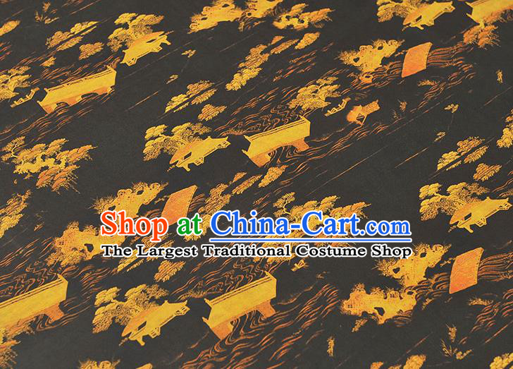 Chinese Cheongsam Silk Cloth Black Gambiered Guangdong Gauze Traditional Landscape Pattern Dress Fabric