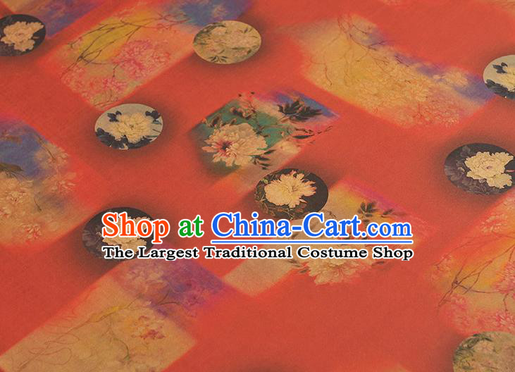 Chinese Cheongsam Silk Cloth High Quality Red Gambiered Guangdong Gauze Traditional Peony Pattern Dress Fabric