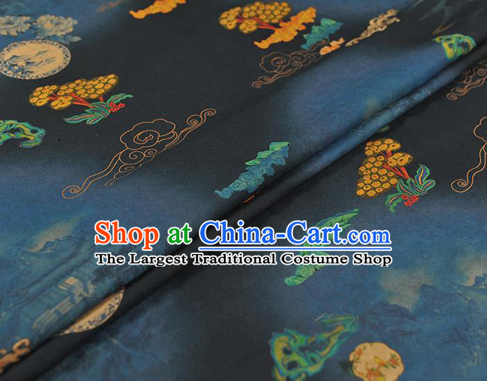 Chinese Cheongsam Navy Silk Cloth High Quality Gambiered Guangdong Gauze Traditional Peony Pattern Dress Fabric