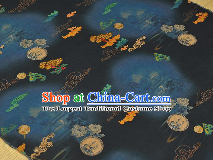 Chinese Cheongsam Navy Silk Cloth High Quality Gambiered Guangdong Gauze Traditional Peony Pattern Dress Fabric