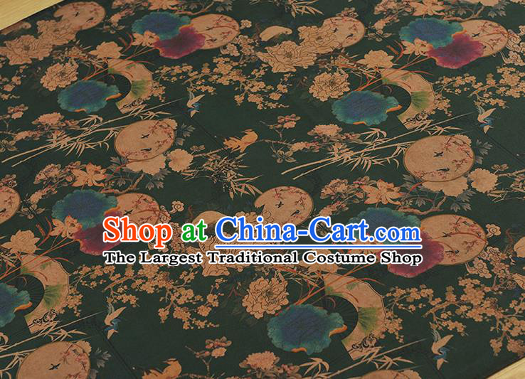 Chinese Top Green Gambiered Guangdong Gauze Traditional Peony Fan Pattern Dress Fabric Cheongsam Silk Cloth