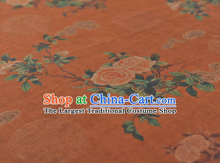 Top Chinese Cheongsam Silk Fabric Rust Red Gambiered Guangdong Gauze Traditional Roses Pattern Dress Cloth