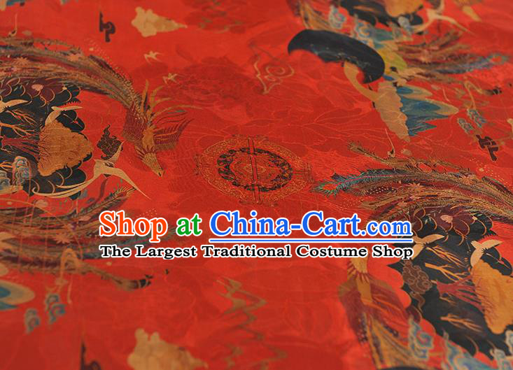 Top Chinese Traditional Wedding Jacquard Satin Cloth Cheongsam Red Silk Fabric Classical Phoenix Pattern Gambiered Guangdong Gauze