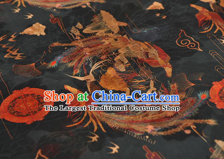 Top Chinese Classical Phoenix Pattern Gambiered Guangdong Gauze Traditional Jacquard Satin Cloth Cheongsam Black Silk Fabric