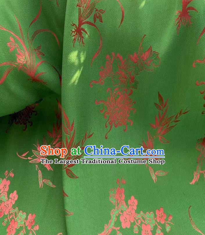 Chinese Green Tapestry Material Traditional Qipao Dress Drapery Silk Fabric Classical Plum Orchids Bamboo Chrysanthemum Pattern Brocade Cloth