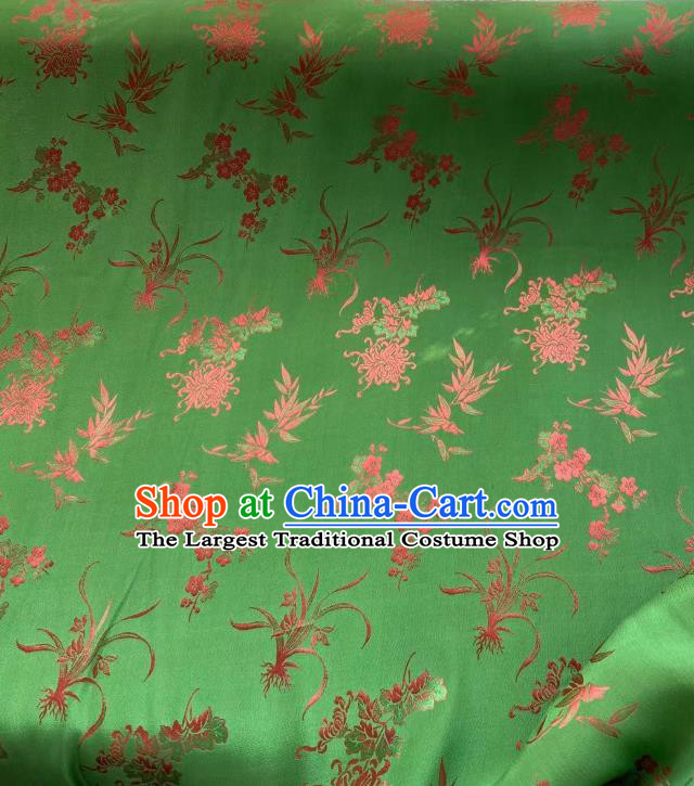 Chinese Green Tapestry Material Traditional Qipao Dress Drapery Silk Fabric Classical Plum Orchids Bamboo Chrysanthemum Pattern Brocade Cloth