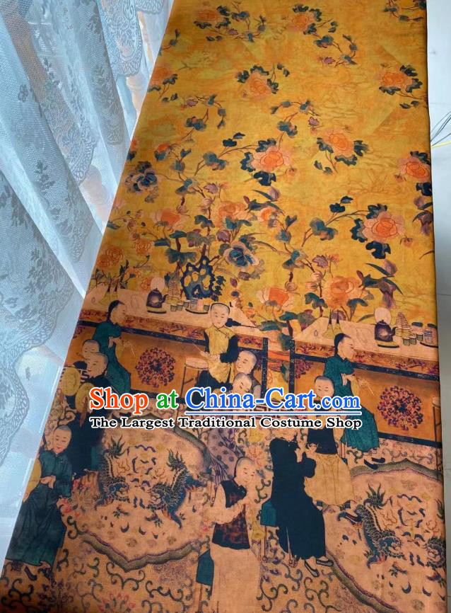 Chinese Traditional Qipao Dress Drapery Silk Fabric Classical Qing Dynasty Pattern Brocade Cloth Yellow Gambiered Guangdong Gauze Material