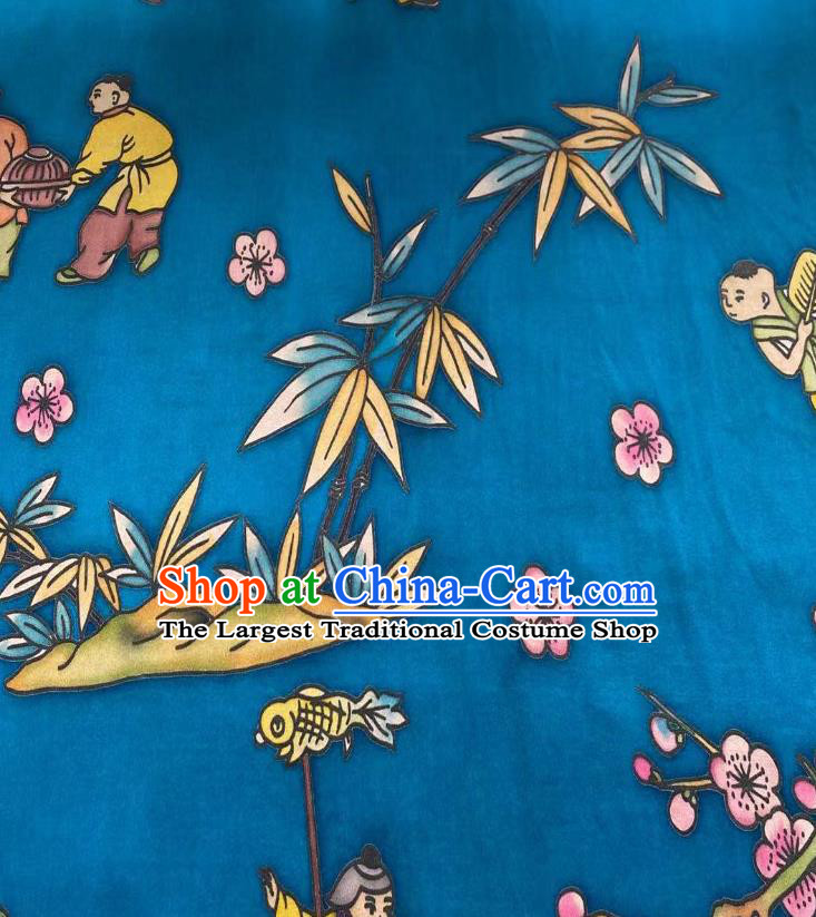 Chinese Blue Gambiered Guangdong Gauze Material Traditional Qipao Dress Hand Painting Drapery Silk Fabric Classical Boys Pattern Brocade Cloth