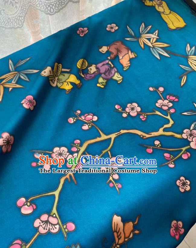Chinese Blue Gambiered Guangdong Gauze Material Traditional Qipao Dress Hand Painting Drapery Silk Fabric Classical Boys Pattern Brocade Cloth