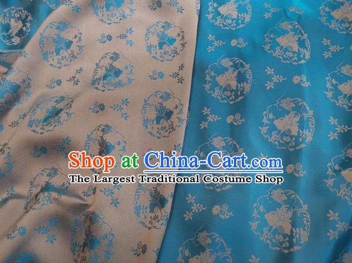 Chinese Blue Silk Fabric Classical Peach Pattern Brocade Cloth Tapestry Material Traditional Qipao Dress Damask Drapery
