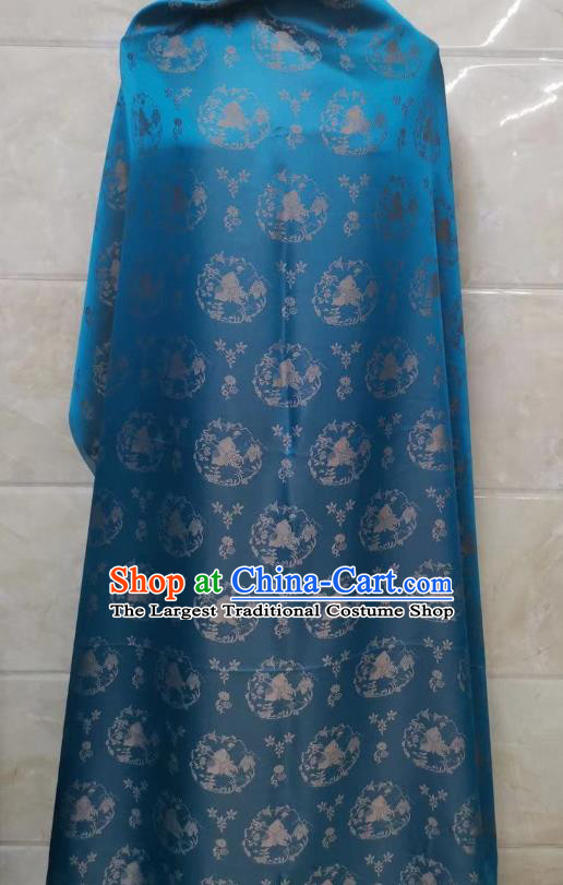 Chinese Blue Silk Fabric Classical Peach Pattern Brocade Cloth Tapestry Material Traditional Qipao Dress Damask Drapery