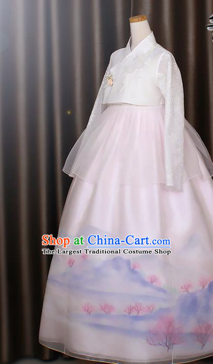 Asian Korea Traditional Fashion Garments Korean Court Princess Hanbok Clothing Bride White Blouse and Printing Dress