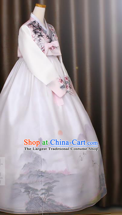 Asian Korean Court Princess Hanbok Clothing Korea Bride Printing Pink Blouse and White Dress Traditional Fashion Garments