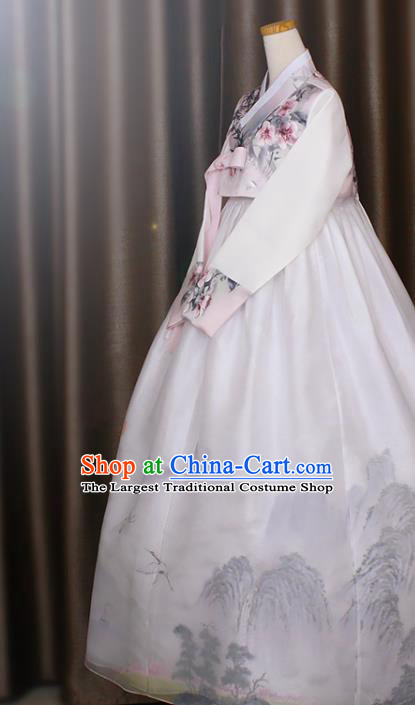 Asian Korean Court Princess Hanbok Clothing Korea Bride Printing Pink Blouse and White Dress Traditional Fashion Garments