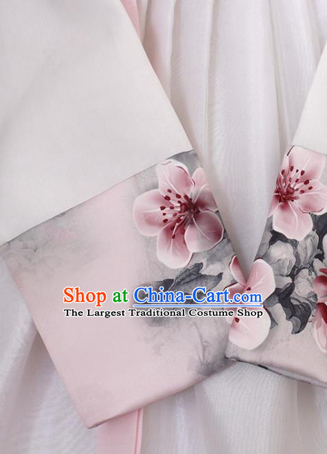 Asian Korean Court Princess Hanbok Clothing Korea Bride Printing Pink Blouse and White Dress Traditional Fashion Garments