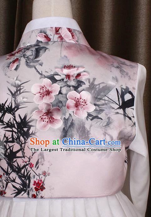 Asian Korean Court Princess Hanbok Clothing Korea Bride Printing Pink Blouse and White Dress Traditional Fashion Garments