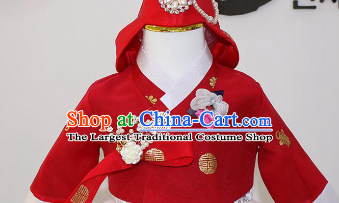 Traditional Korean Fashion Apparels Hanbok Clothing Children Girl Red Blouse and White Dress